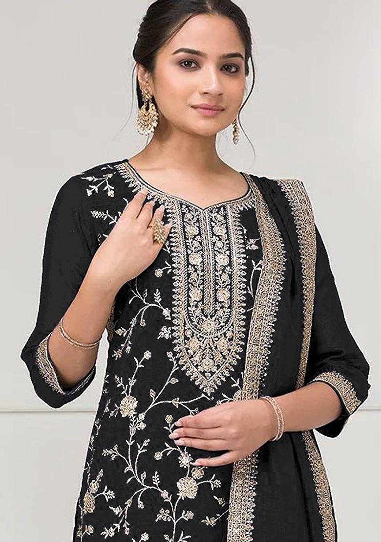 Black Embroidered Vichitra Kurta Set - Indya