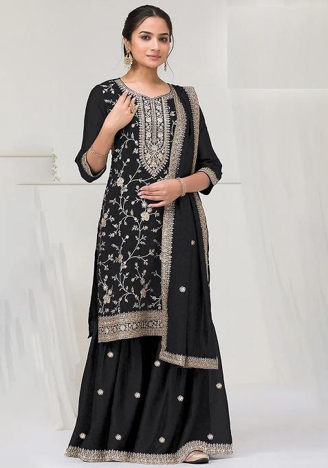 Black Embroidered Vichitra Kurta Set
