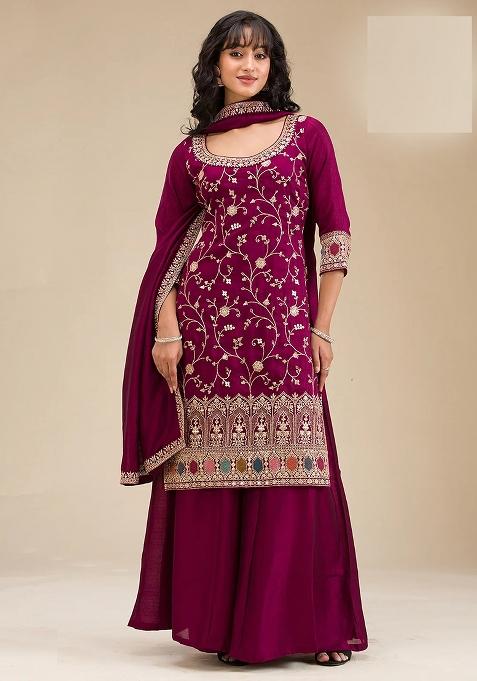 Maroon Embroidered Vichitra Kurta Set
