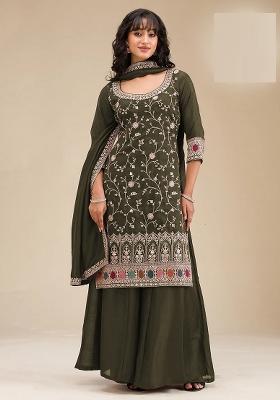 Green Embroidered Vichitra Kurta Set