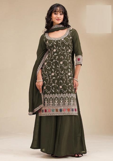 Green Embroidered Vichitra Kurta Set