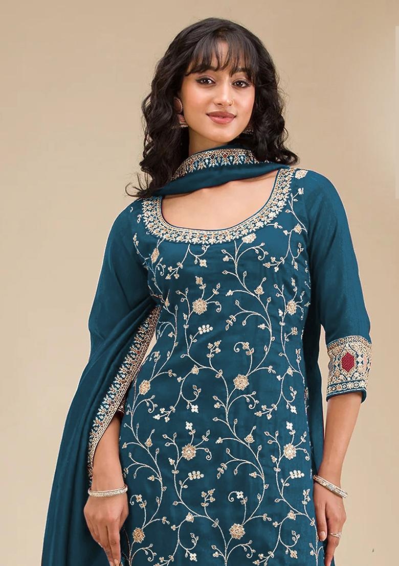 Blue Embroidered Vichitra Kurta Set - Indya