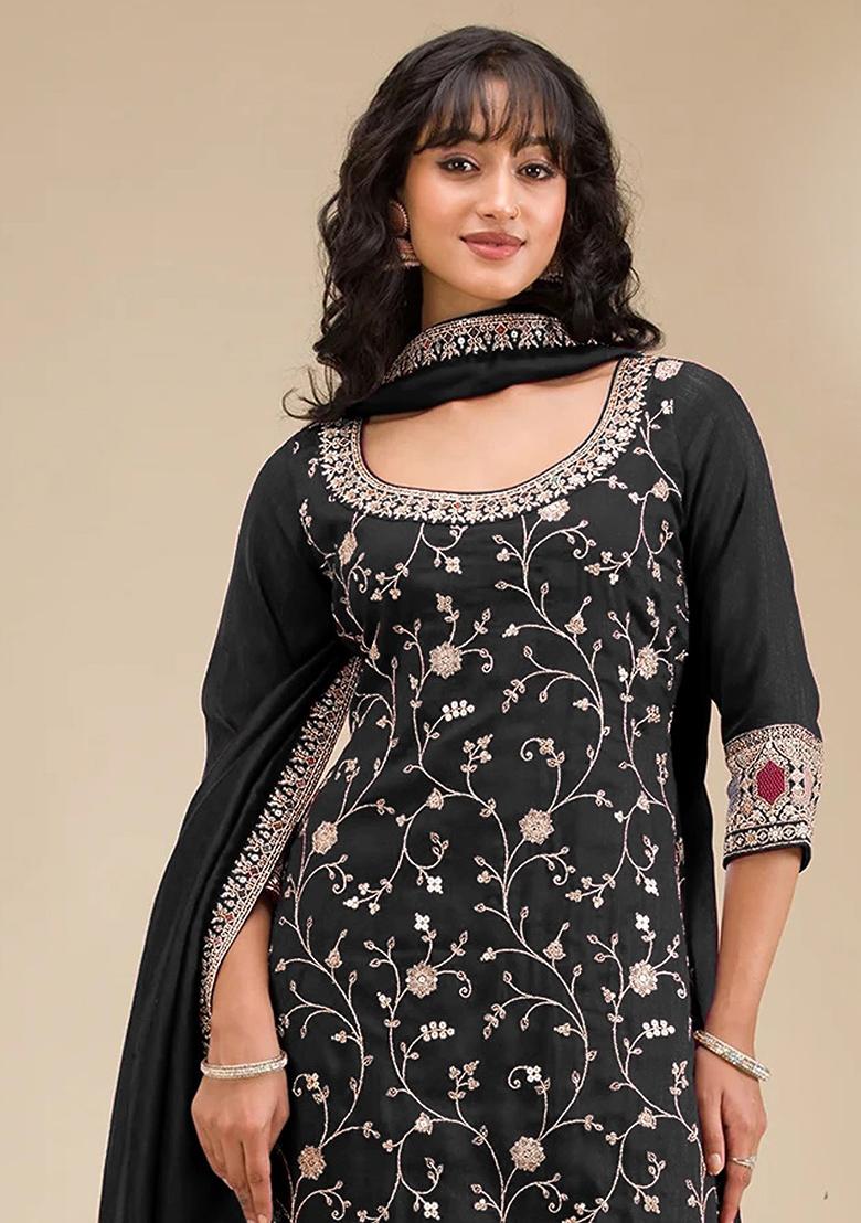 Black Embroidered Vichitra Kurta Set - Indya