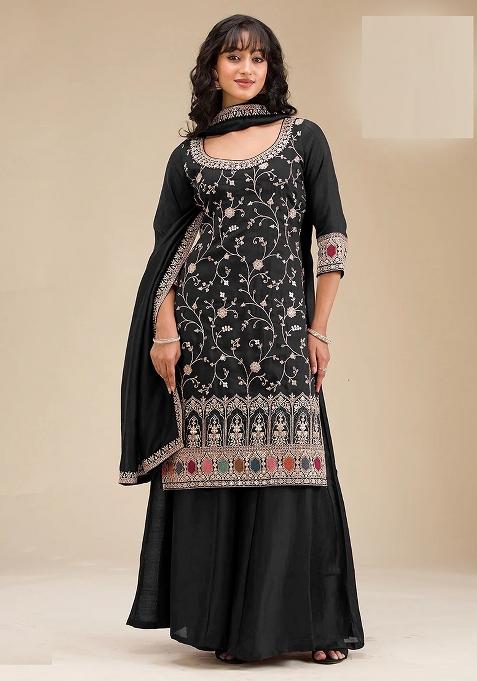 Black Embroidered Vichitra Kurta Set