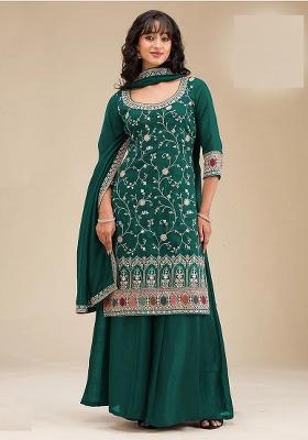 Dark Green Embroidered Vichitra Kurta Set