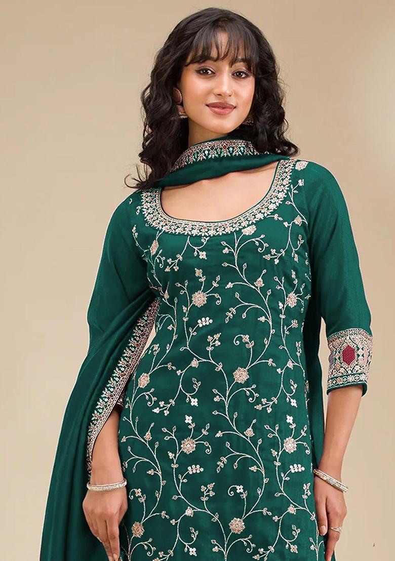 Dark Green Embroidered Vichitra Kurta Set - Indya