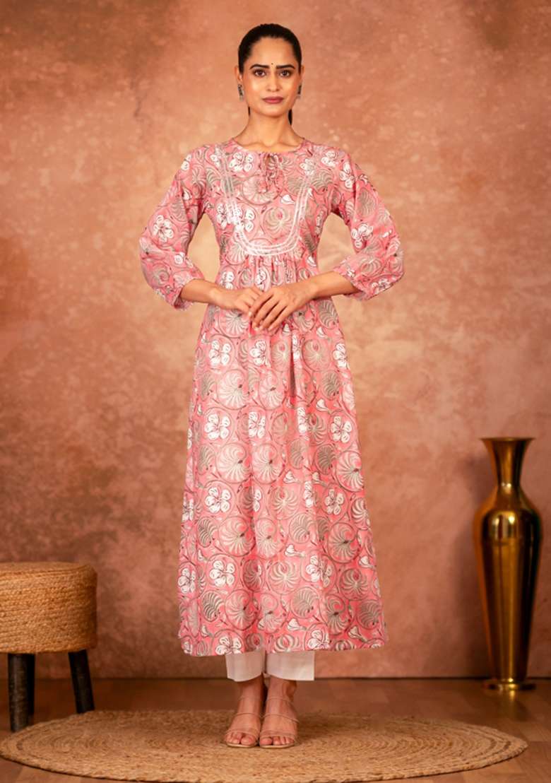 Pink Chikankari Cotton A Line Kurta Set - Indya
