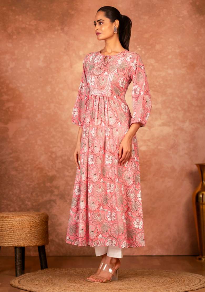 Pink Chikankari Cotton A Line Kurta Set - Indya