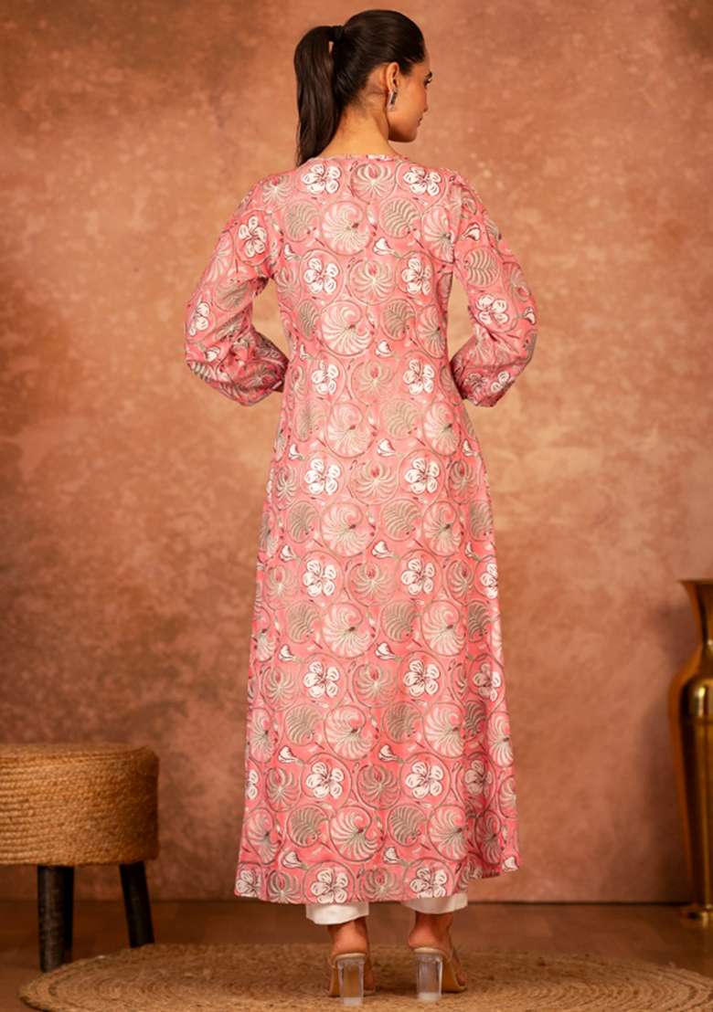 Pink Chikankari Cotton A Line Kurta Set - Indya