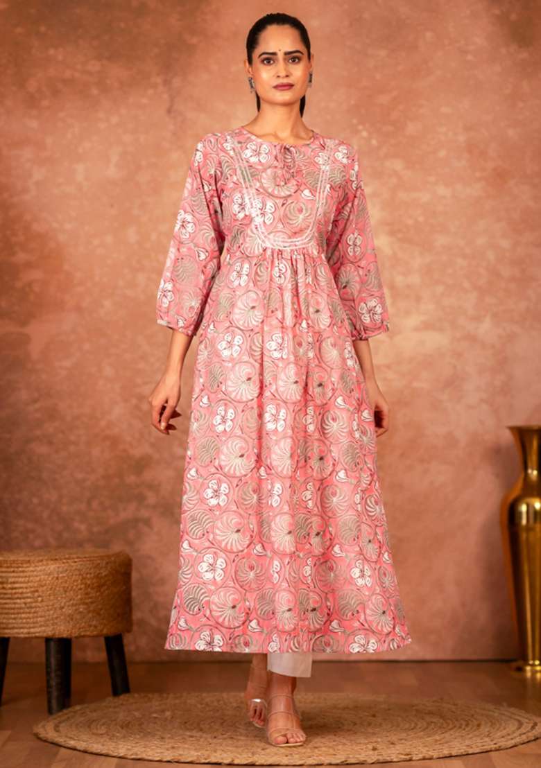Pink Chikankari Cotton A Line Kurta Set - Indya