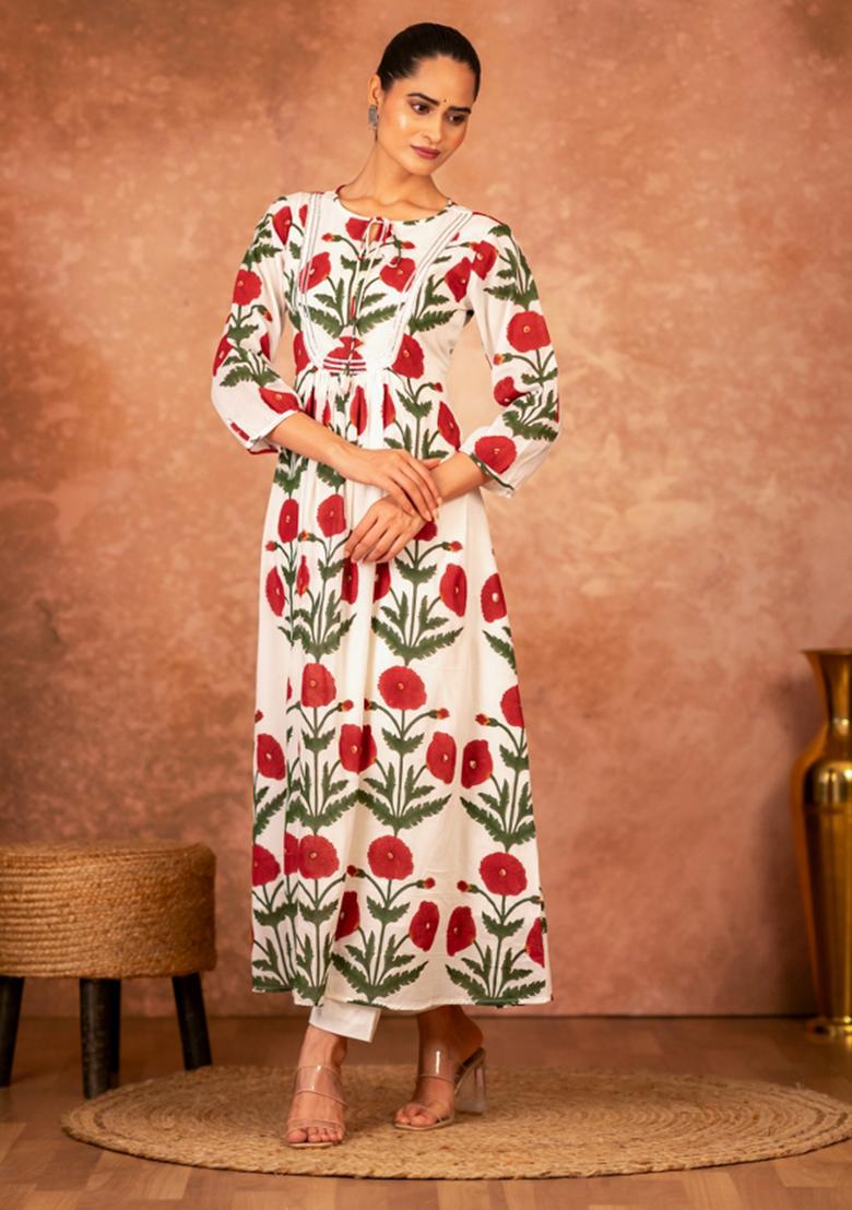 Red Printed Cotton Kurta Set
