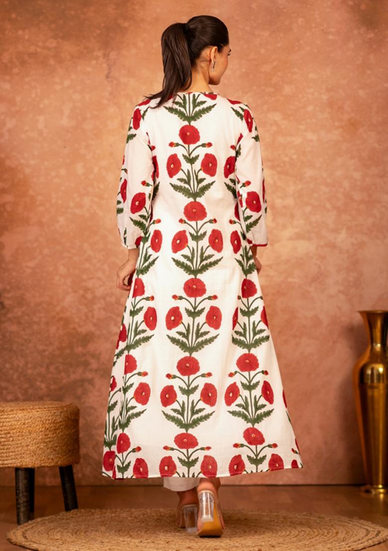 Red Printed Cotton Kurta Set