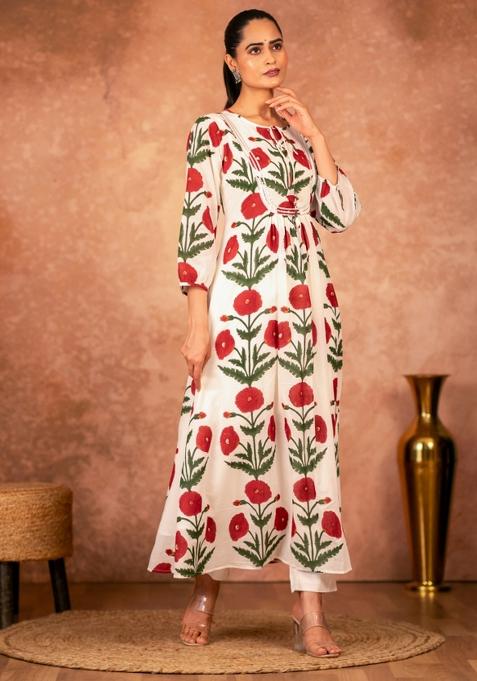 Red Printed Cotton Kurta Set