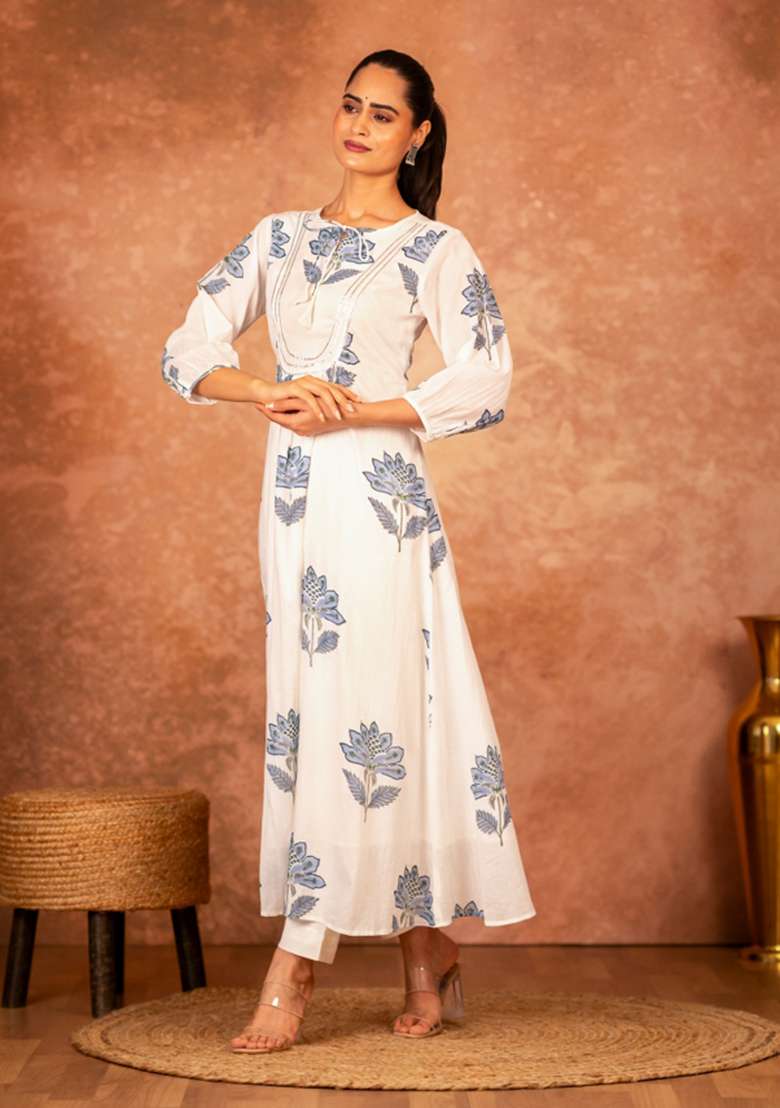 Blue Floral Print Cotton A Line Kurta Set - Indya