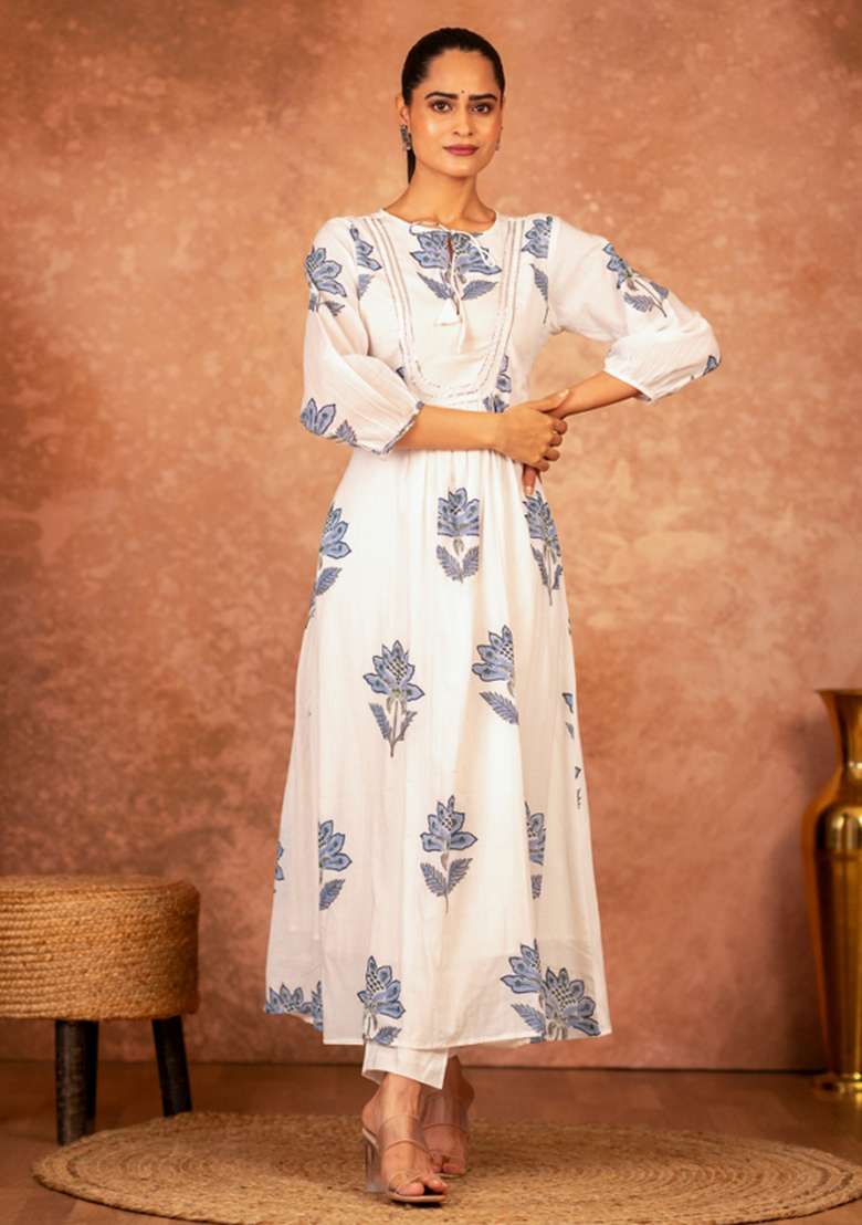 Blue Floral Print Cotton A Line Kurta Set - Indya