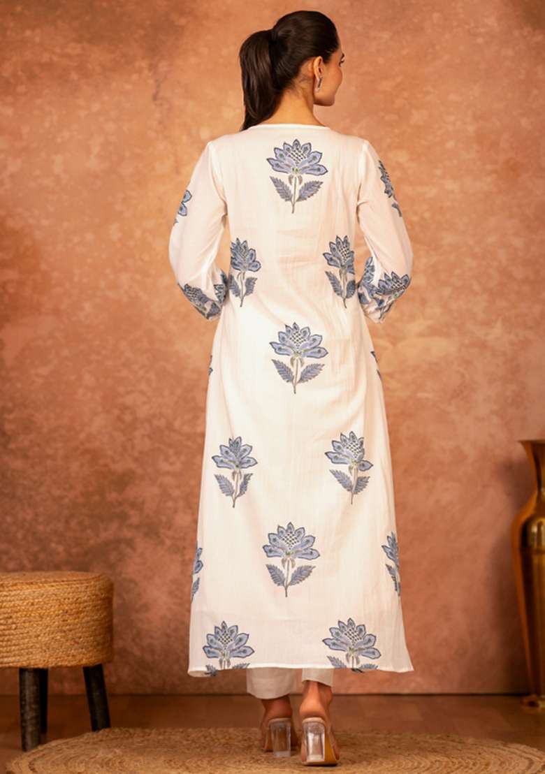 Blue Floral Print Cotton A Line Kurta Set - Indya