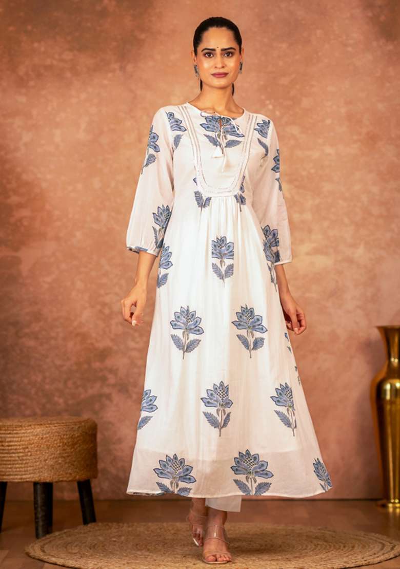 Blue Floral Print Cotton A Line Kurta Set - Indya