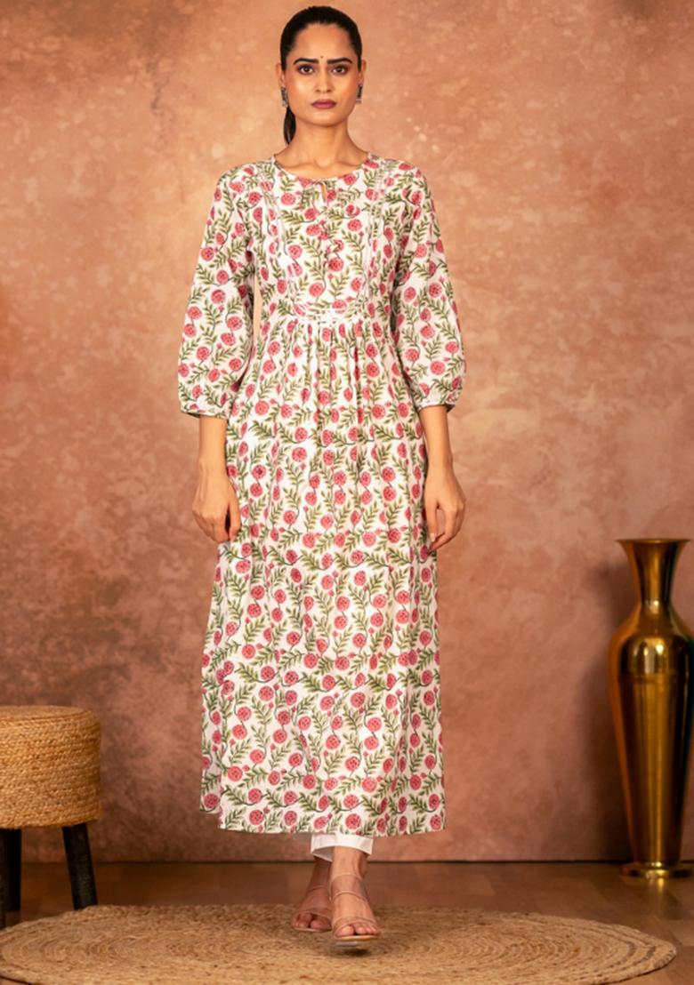 Red Printed Cotton Kurta Set