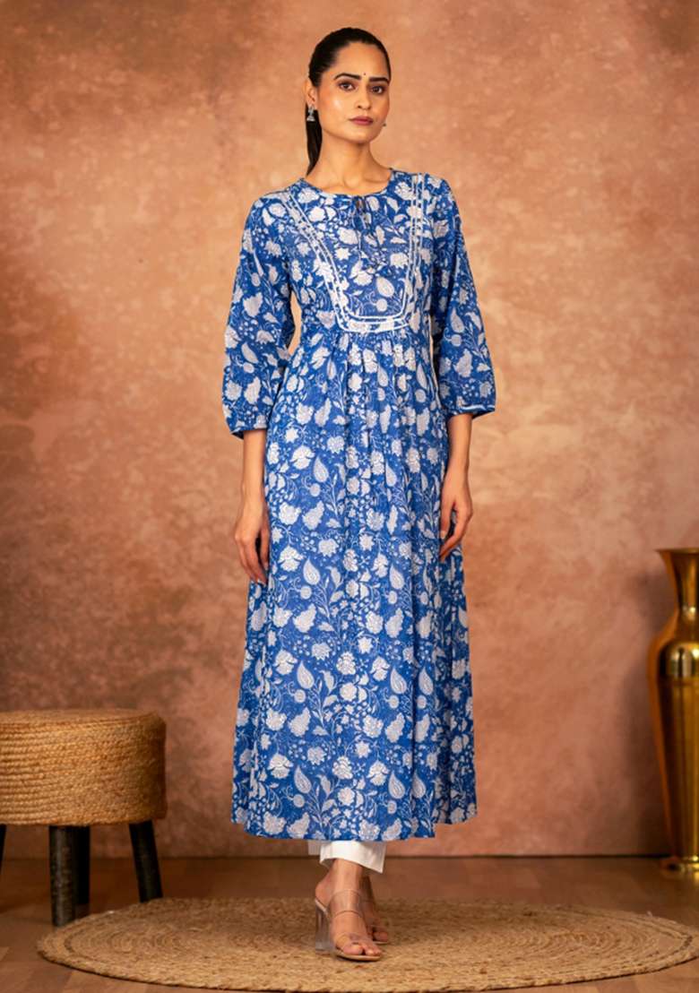 Blue Embroidered Cotton Kurta Set - Indya