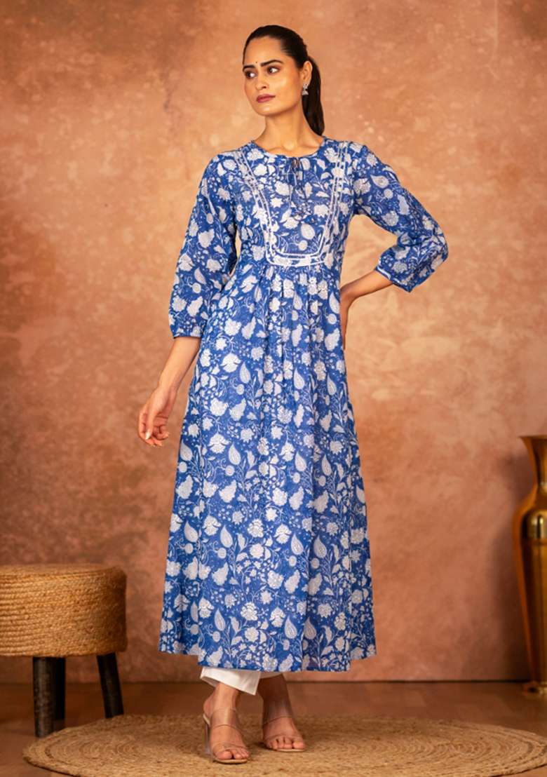 Blue Embroidered Cotton Kurta Set - Indya