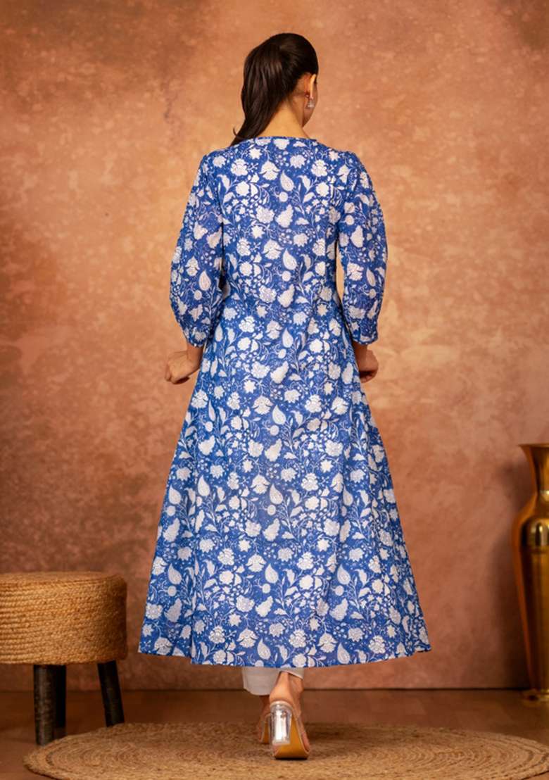 Blue Embroidered Cotton Kurta Set - Indya