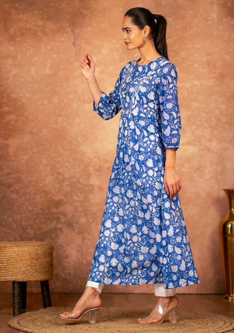 Blue Embroidered Cotton Kurta Set - Indya