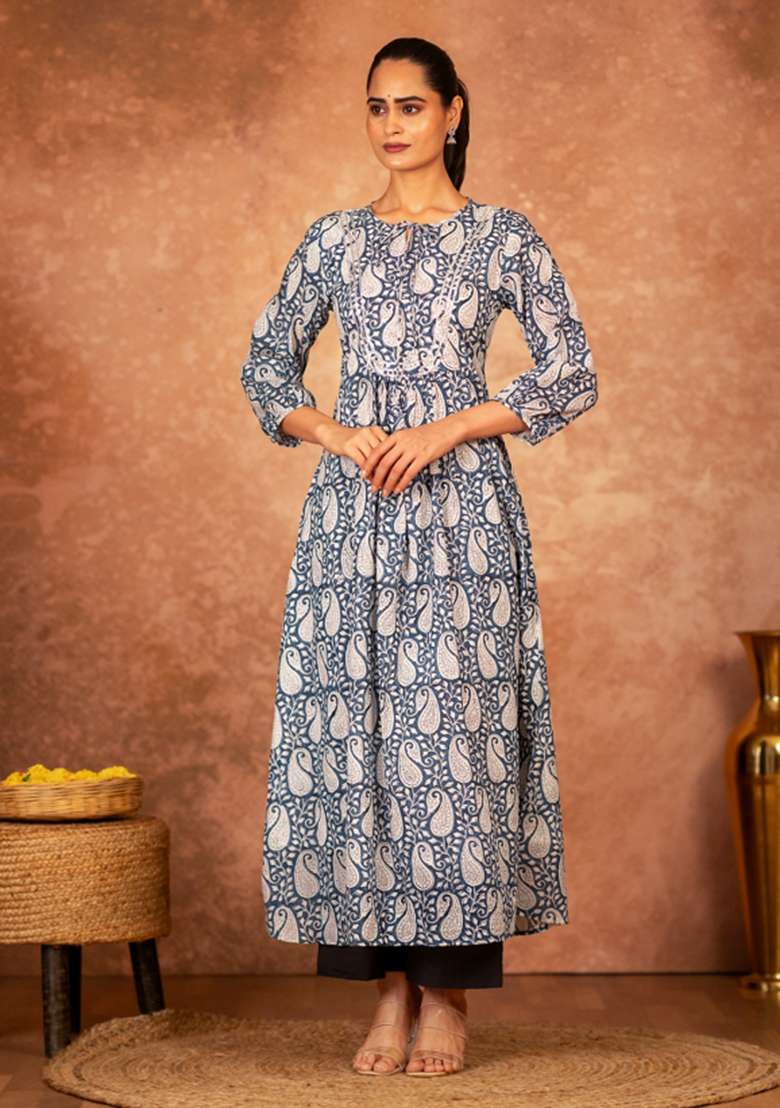 Blue Printed Cotton A Line Kurta Set - Indya