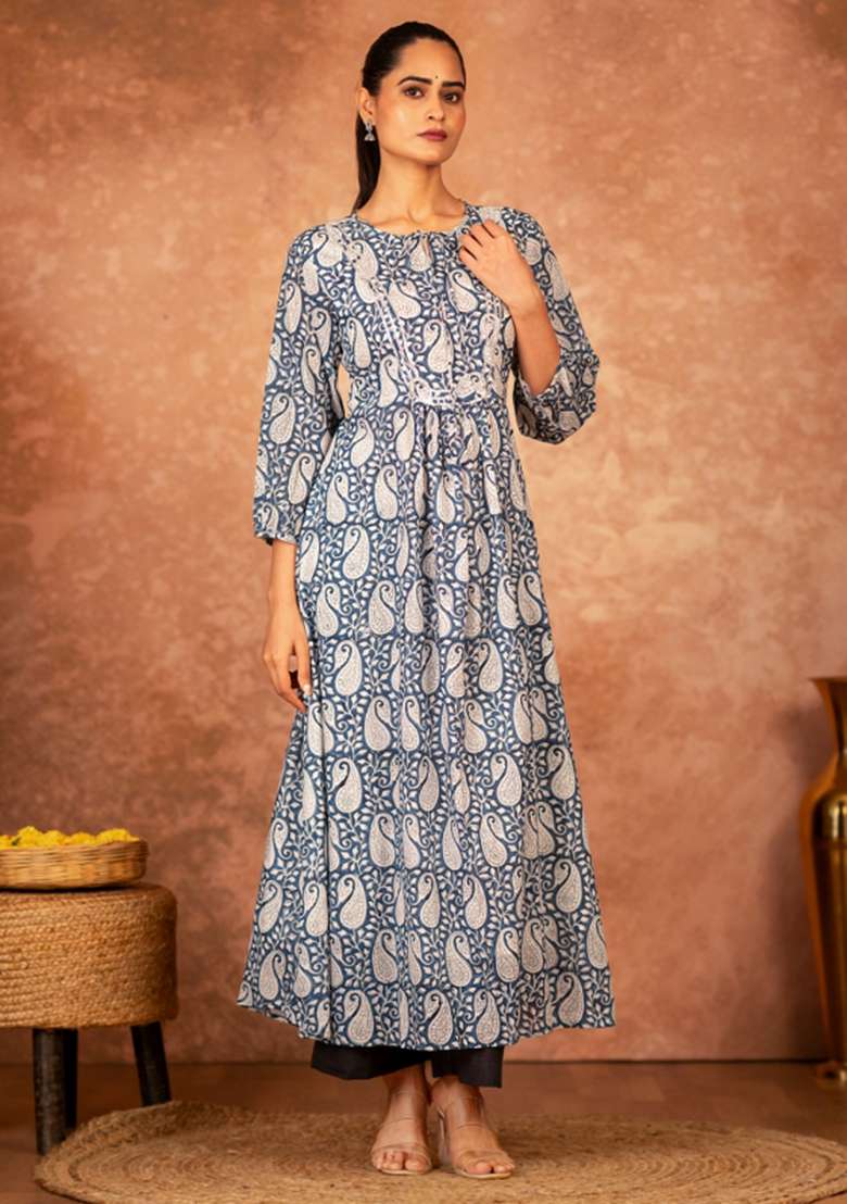 Blue Printed Cotton A Line Kurta Set - Indya