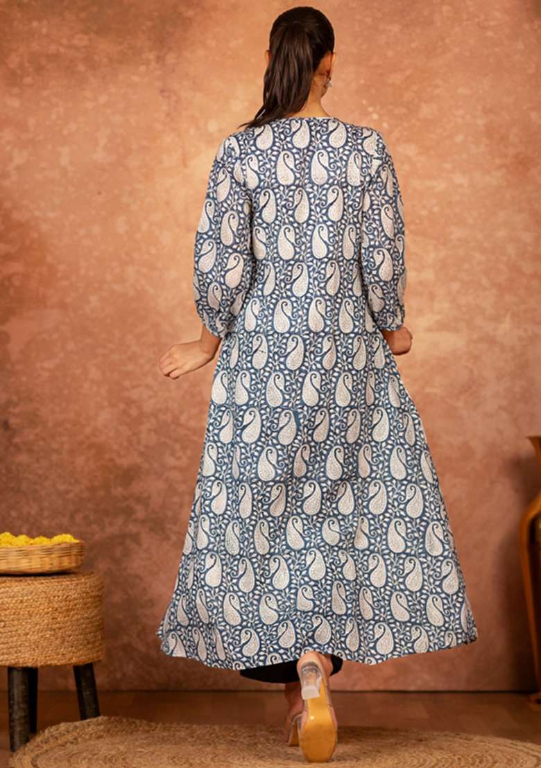 Blue Printed Cotton A Line Kurta Set - Indya