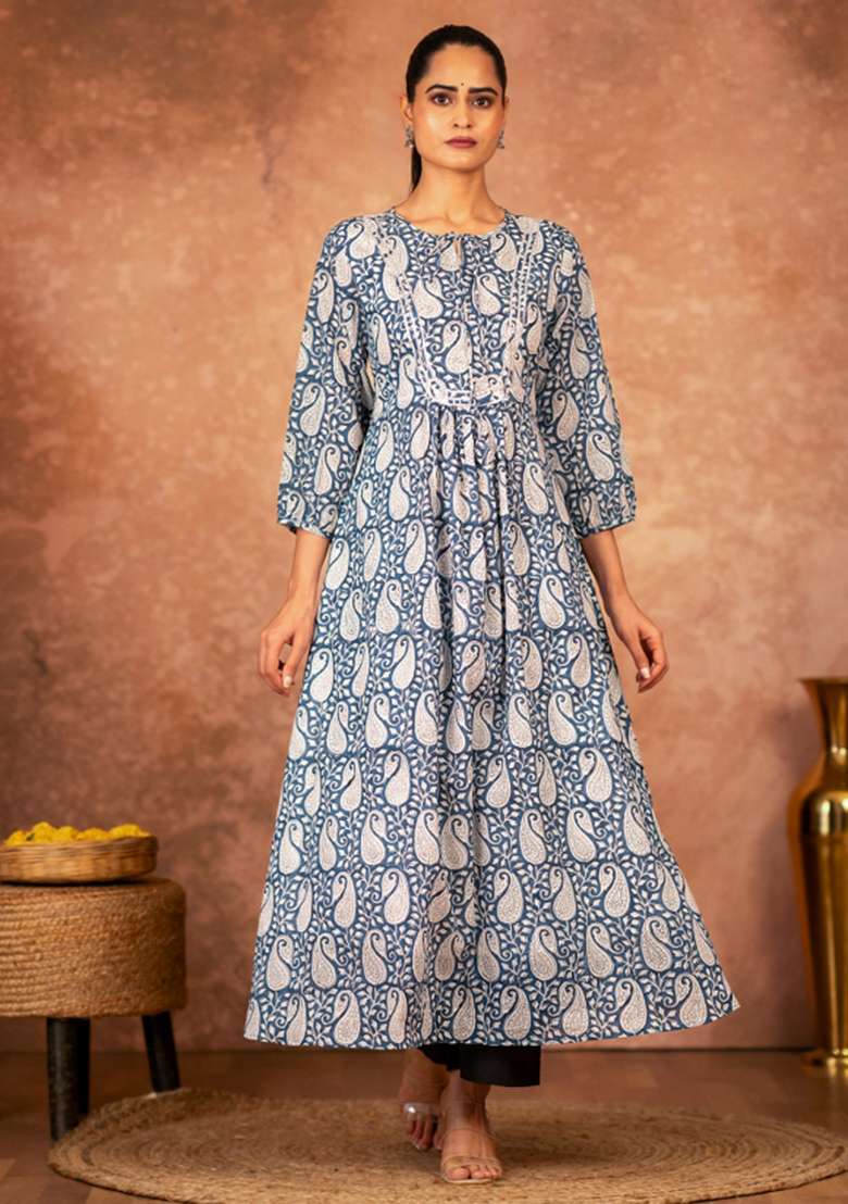 Blue Printed Cotton A Line Kurta Set - Indya