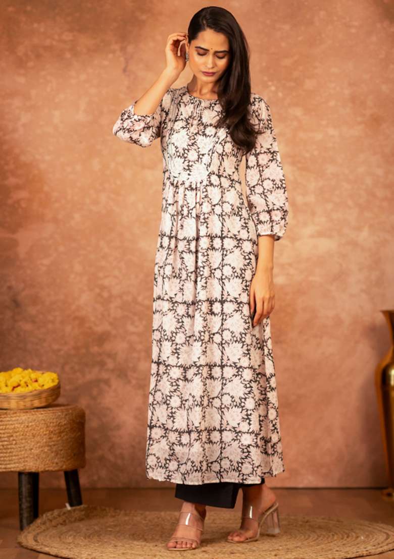 Black Printed Cotton A Line Kurta Set - Indya