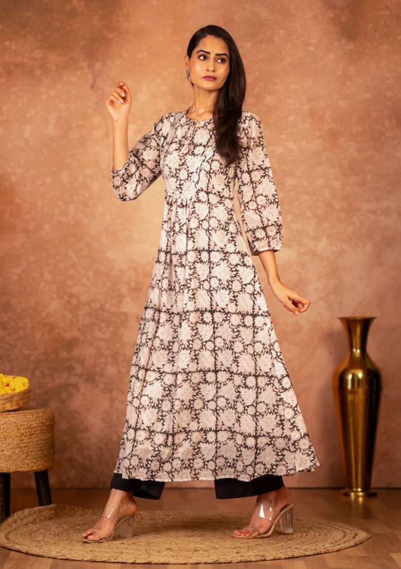 Black Printed Cotton A Line Kurta Set - Indya