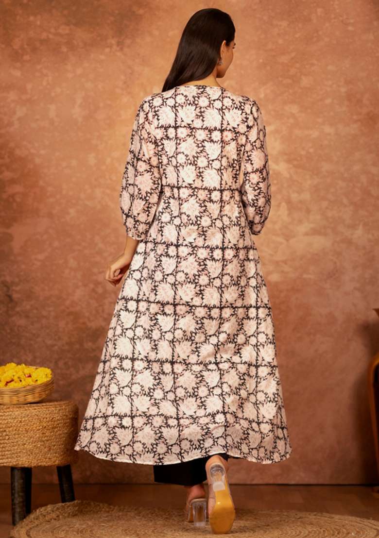 Black Printed Cotton A Line Kurta Set - Indya
