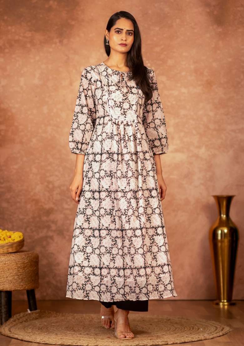 Black Printed Cotton A Line Kurta Set - Indya