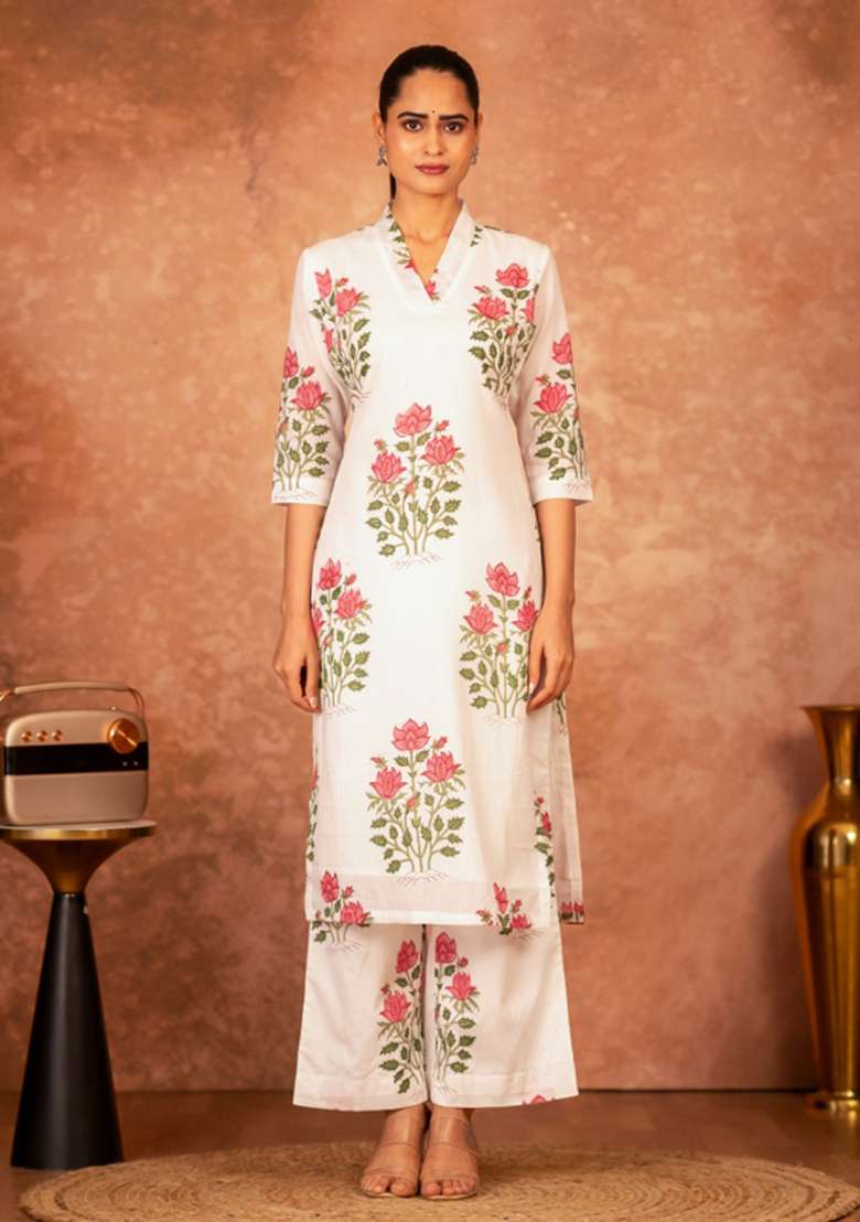Pink Floral Print Cotton Straight Kurta Set - Indya