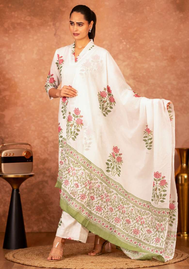Pink Floral Print Cotton Straight Kurta Set - Indya
