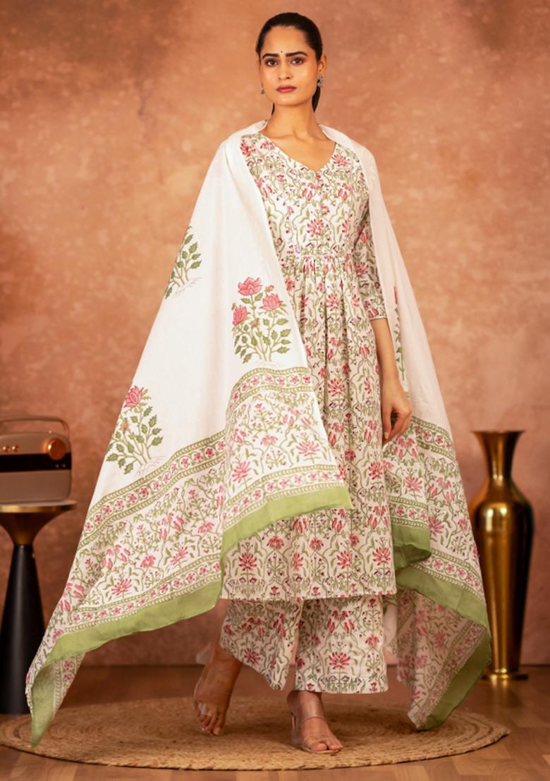 Green Printed Cotton Kurta Set