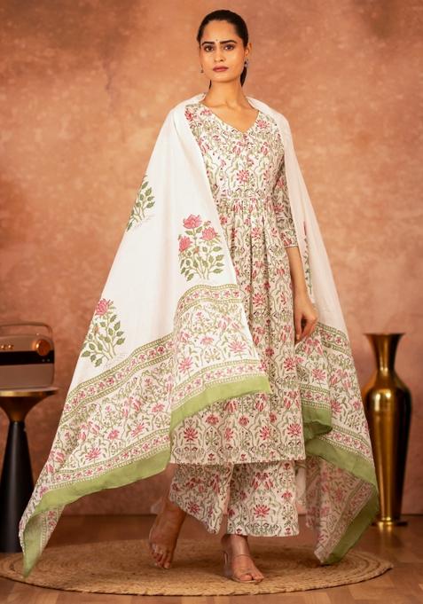 Green Printed Cotton Kurta Set