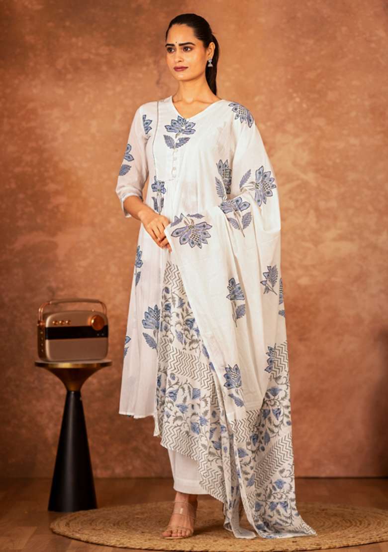 Blue Floral Print Cotton Straight Kurta Set - Indya