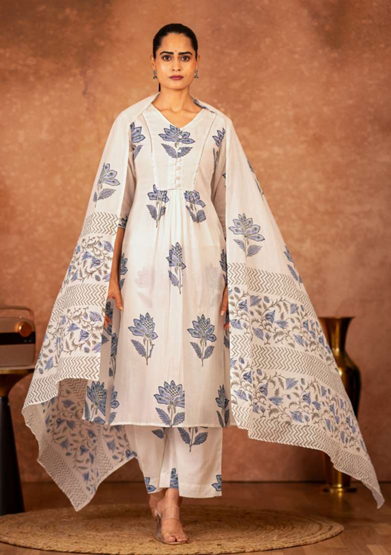 Blue Floral Print Cotton Straight Kurta Set - Indya