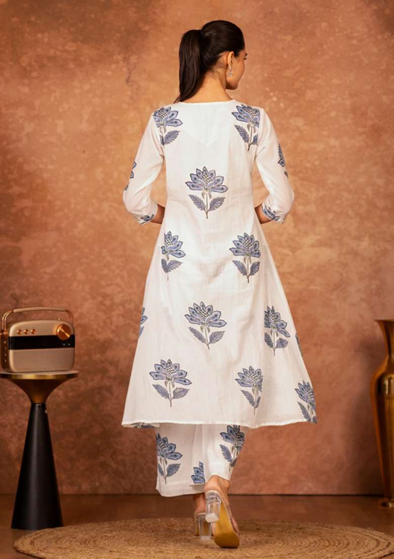 Blue Floral Print Cotton Straight Kurta Set - Indya