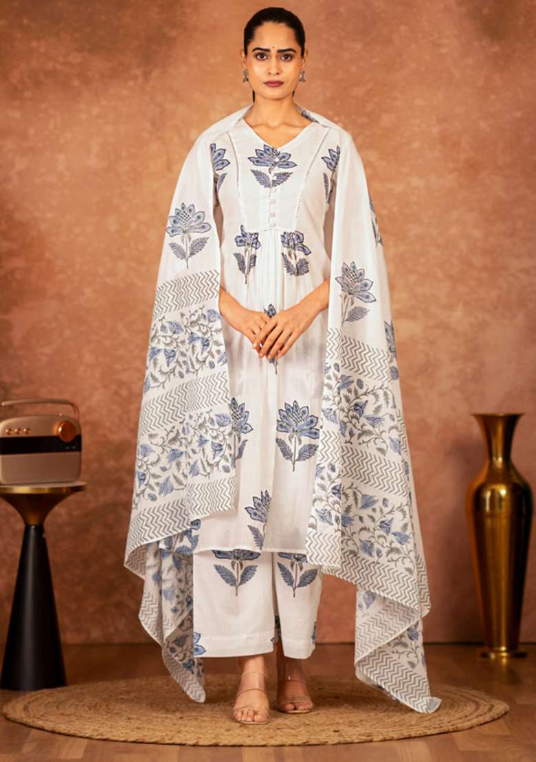 Blue Floral Print Cotton Straight Kurta Set - Indya