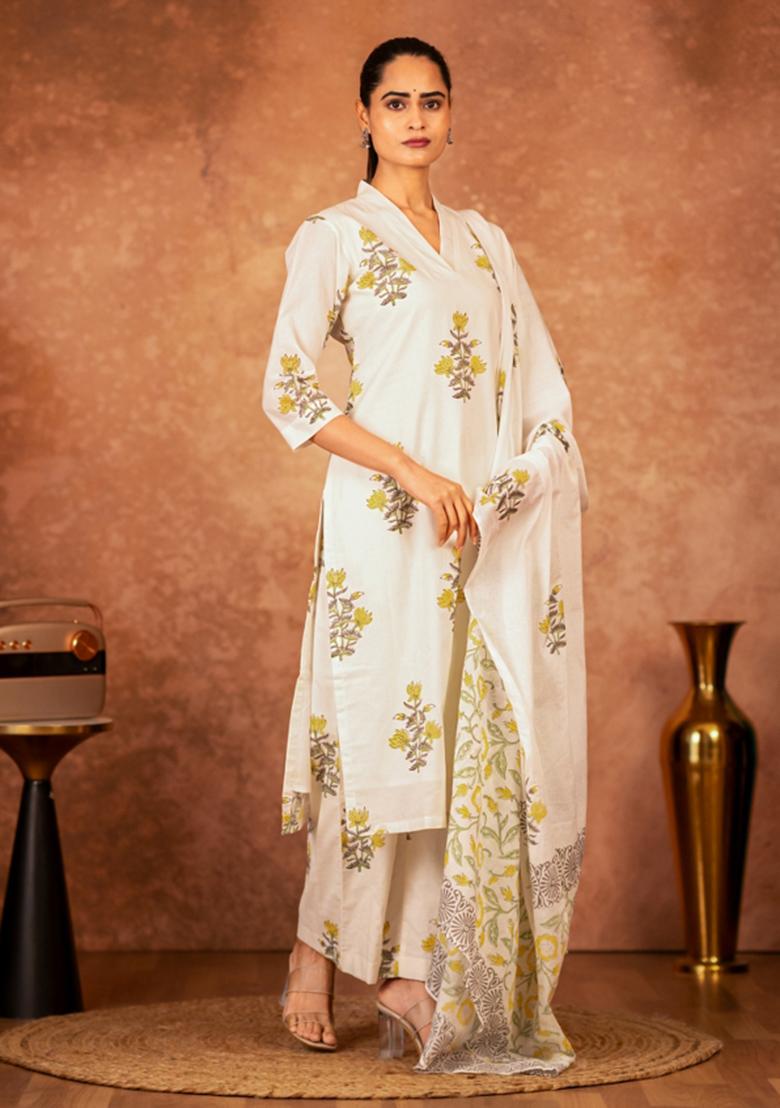 Yellow Printed Cotton Kurta Set