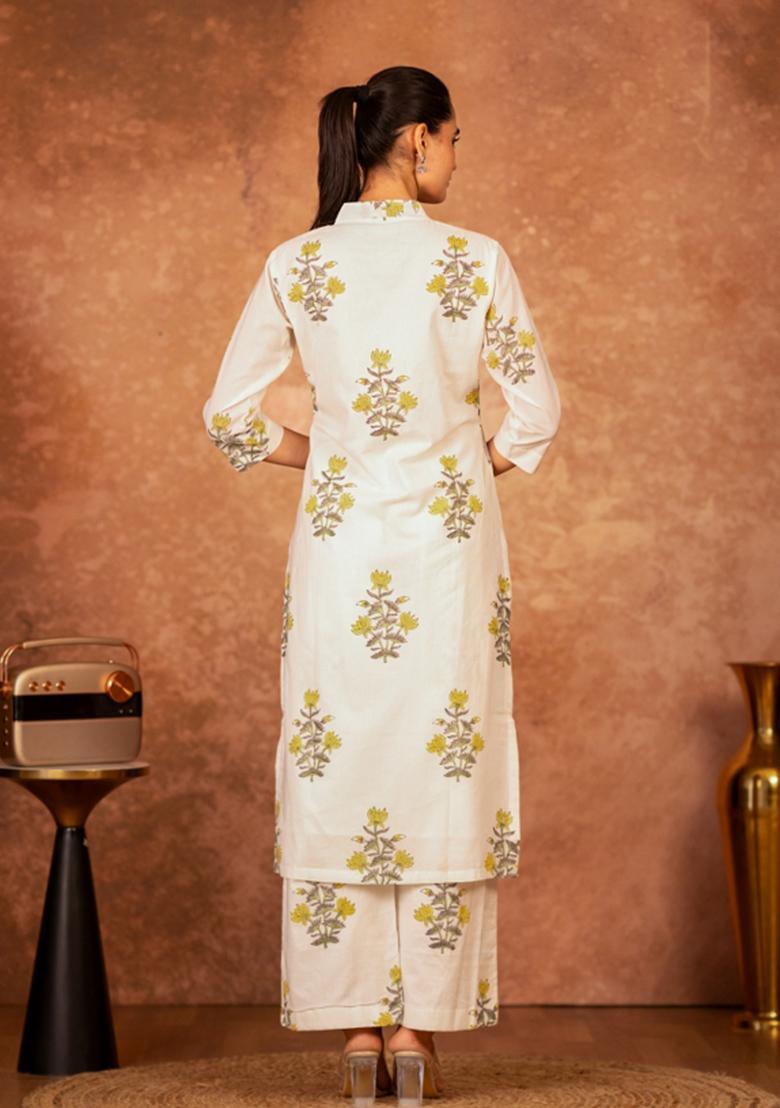 Yellow Printed Cotton Kurta Set