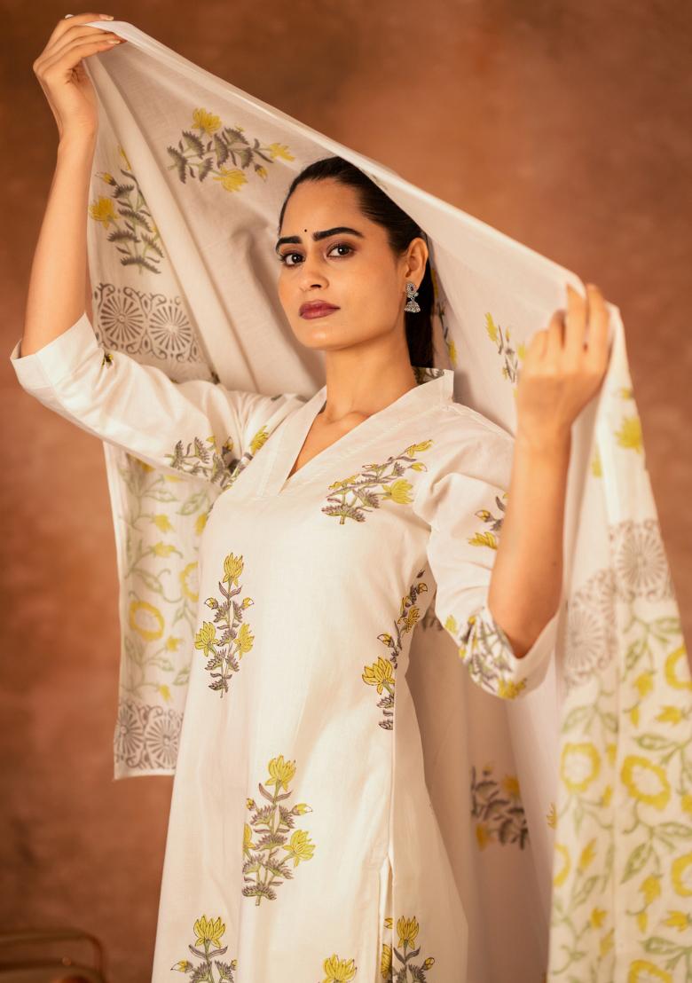 Yellow Printed Cotton Kurta Set