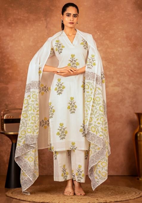 Yellow Printed Cotton Kurta Set