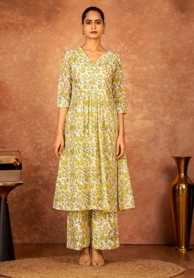 Yellow Printed Cotton Kurta Set