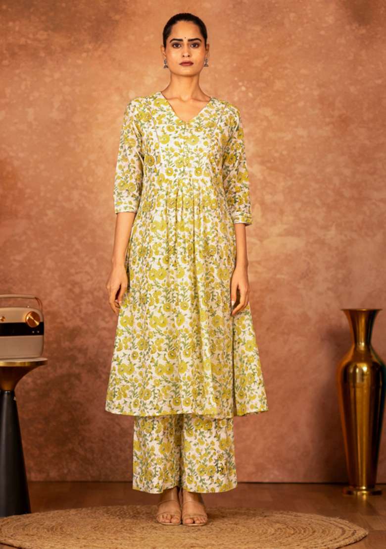 Yellow Floral Print Cotton A Line Kurta Set - Indya