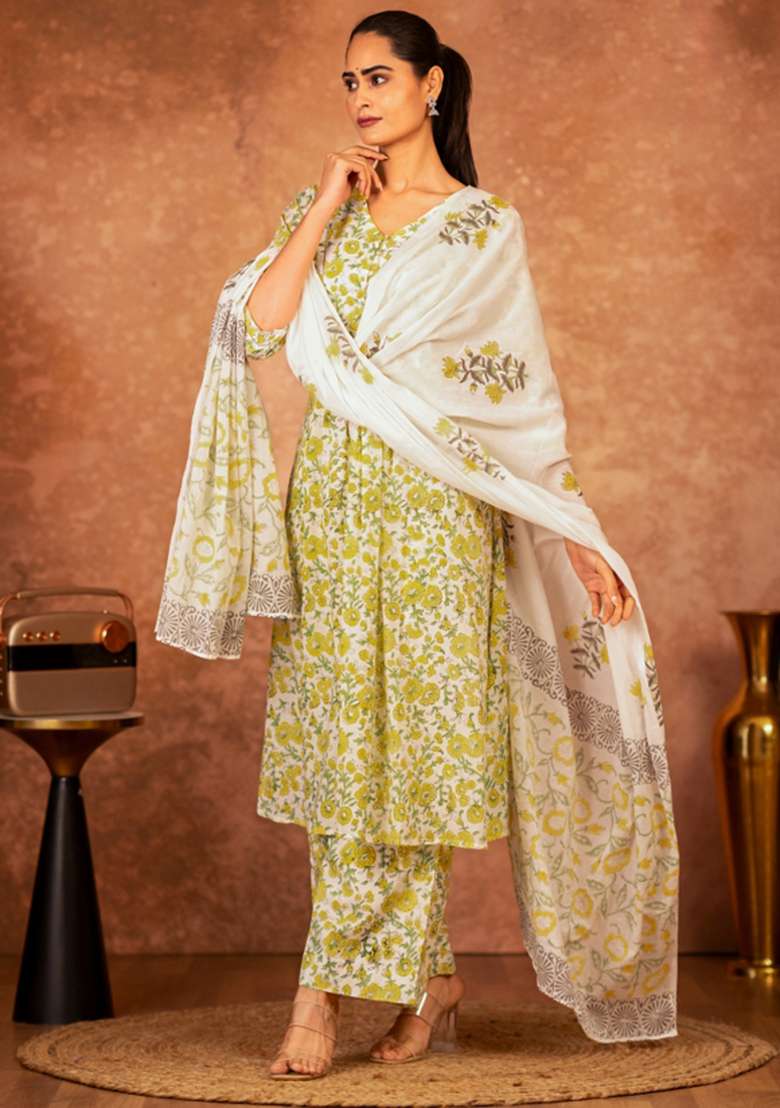 Yellow Floral Print Cotton A Line Kurta Set - Indya