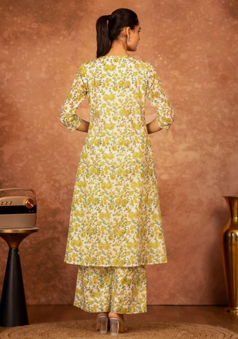 Yellow Floral Print Cotton A Line Kurta Set - Indya
